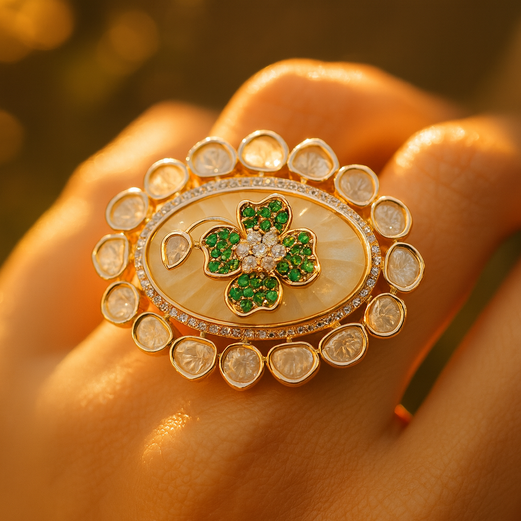 Aanura Gold-Plated Floral Oval Ring with Stones