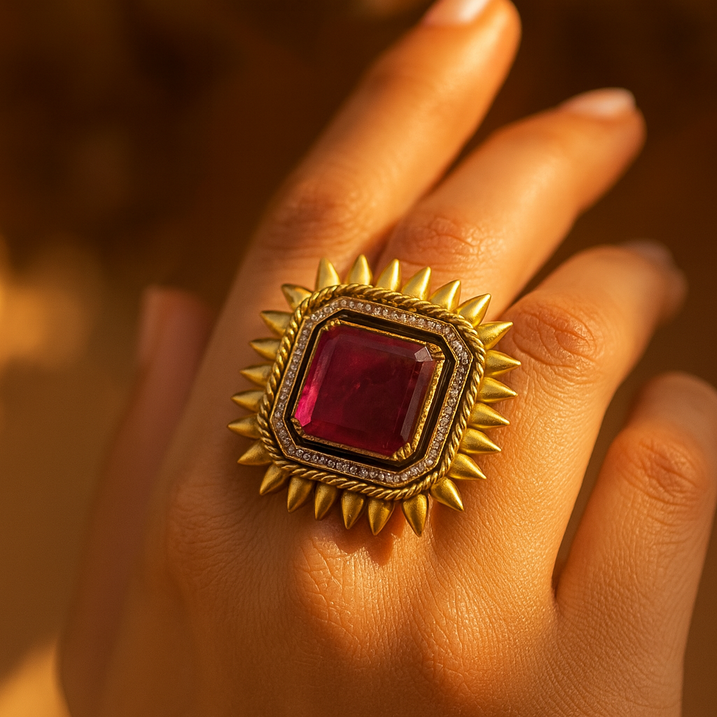 Aanura Gold-Plated Square Green Stone Statement Ring