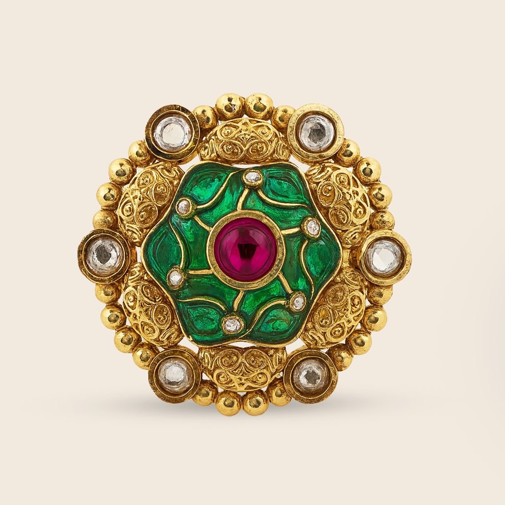 Aanura Gold-Plated Round Ruby & Green Floral Ring