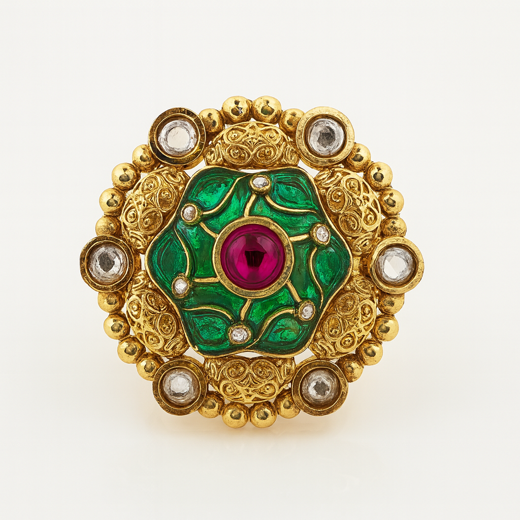 Aanura Gold-Plated Round Ruby & Green Floral Ring
