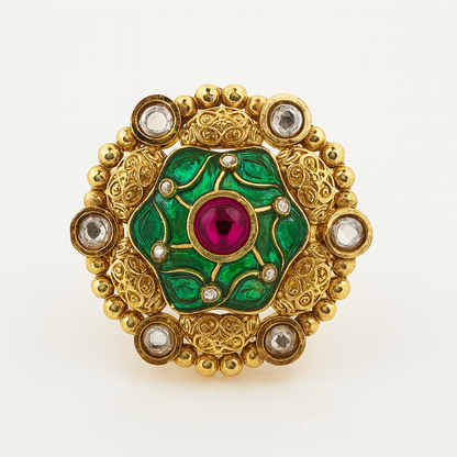Aanura Gold-Plated Round Ruby & Green Floral Ring