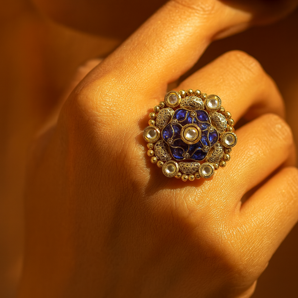 Aanura Gold-Plated Round Ruby & Green Floral Ring