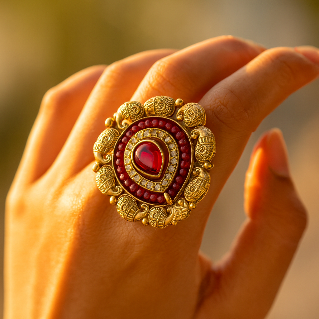 Aanura Gold-Plated Red Teardrop Heritage Ring