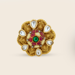 Aanura Gold-Plated Floral Kundan Green Ruby Ring