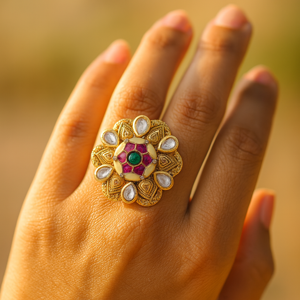 Aanura Gold-Plated Floral Kundan Green Ruby Ring