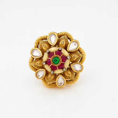 Aanura Gold-Plated Floral Kundan Green Ruby Ring