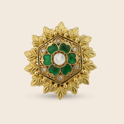Aanura Gold-Plated Hexagon Green Floral Ring