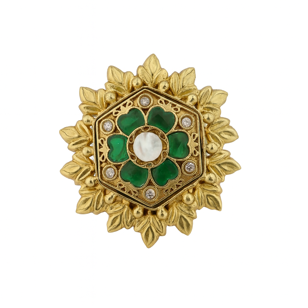 Aanura Gold-Plated Hexagon Green Floral Ring