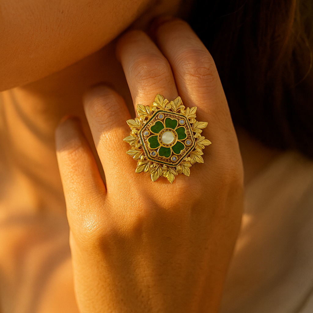 Aanura Gold-Plated Hexagon Green Floral Ring