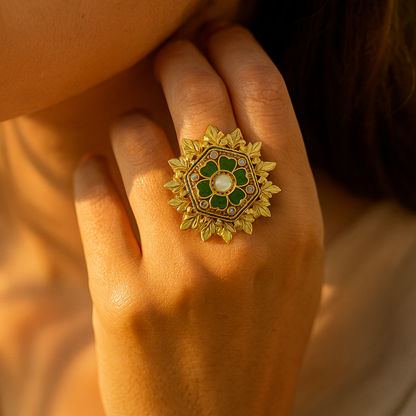 Aanura Gold-Plated Hexagon Green Floral Ring