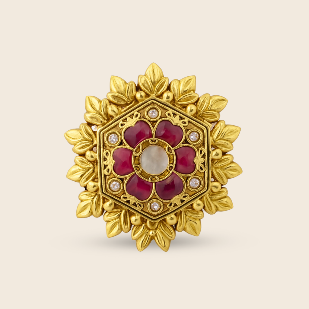 Aanura Gold-Plated Hexagon Green Floral Ring