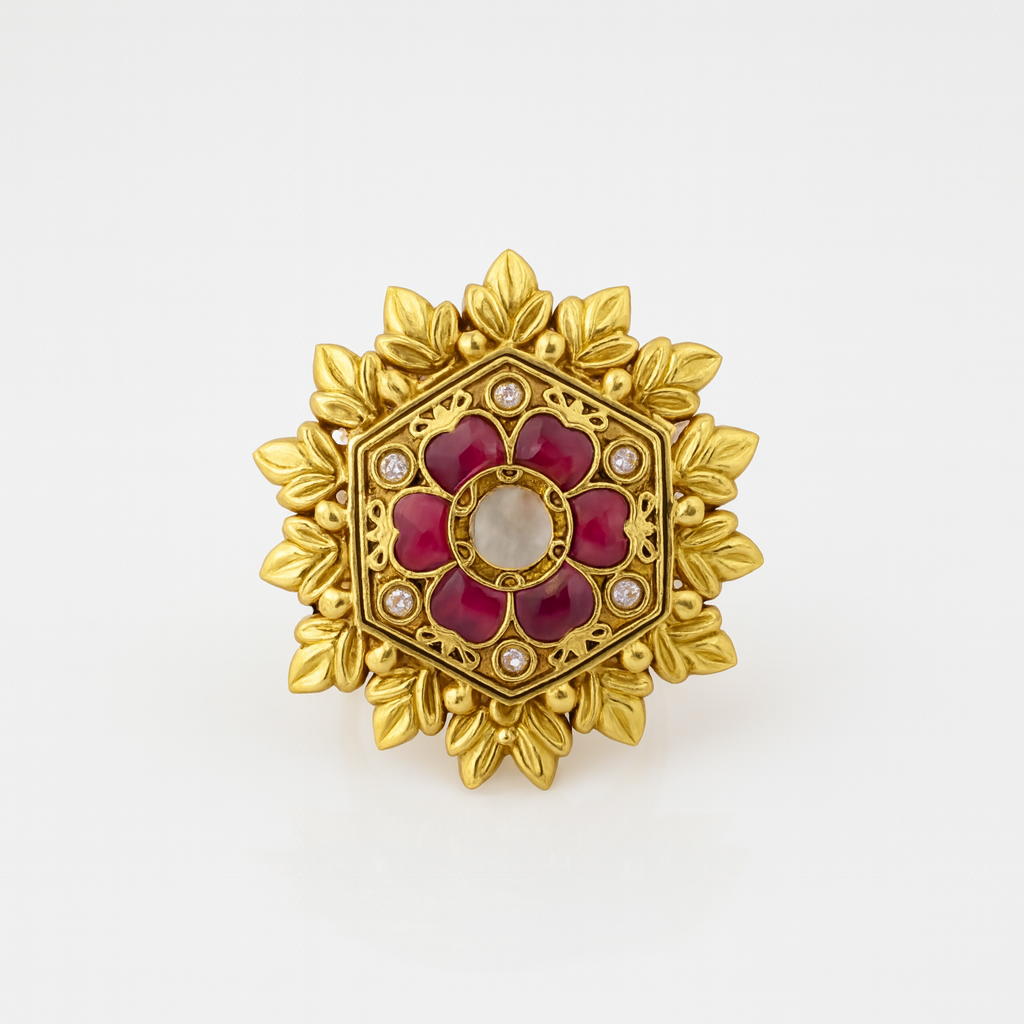 Aanura Gold-Plated Hexagon Green Floral Ring
