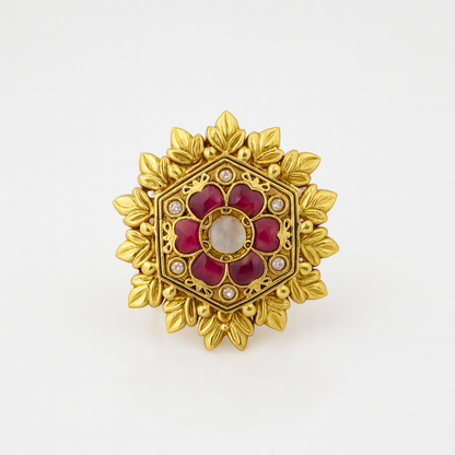 Aanura Gold-Plated Hexagon Green Floral Ring