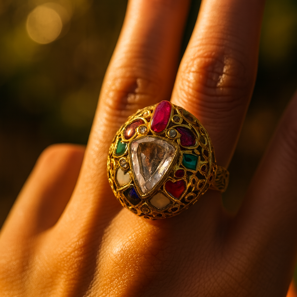 Aanura Gold-Plated Navratna Heritage Statement Ring