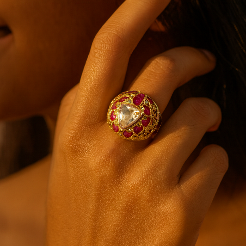 Aanura Gold-Plated Navratna Heritage Statement Ring