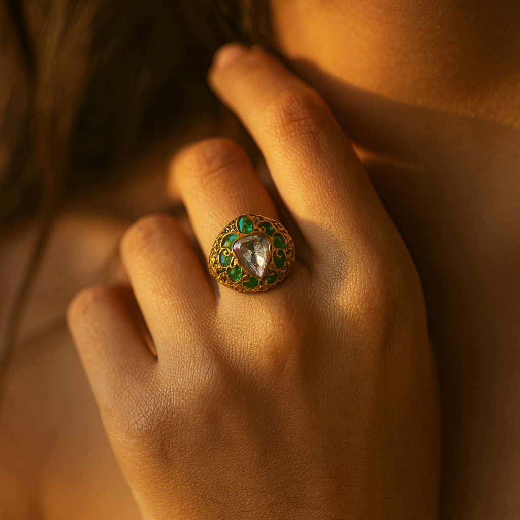 Aanura Gold-Plated Navratna Heritage Statement Ring