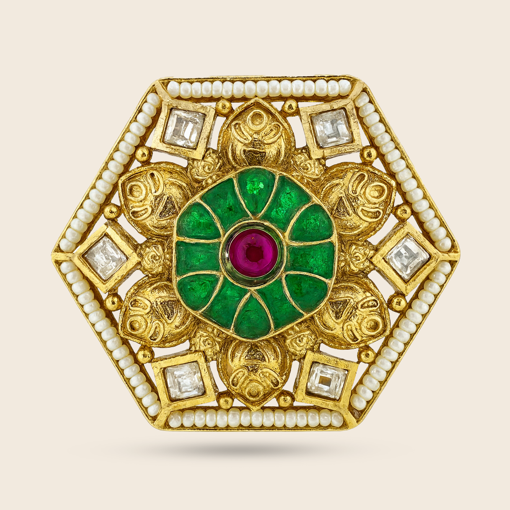 Aanura Gold-Plated Hexagon Green & Ruby Statement Ring