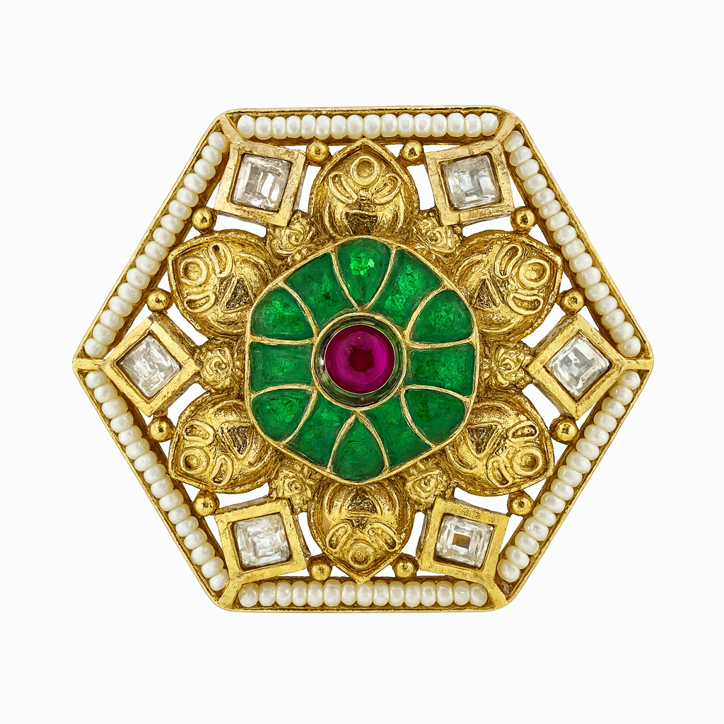 Aanura Gold-Plated Hexagon Green & Ruby Statement Ring