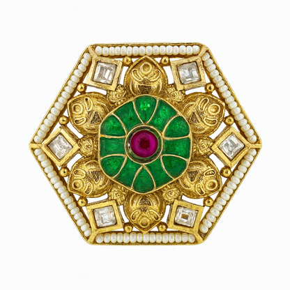 Aanura Gold-Plated Hexagon Green & Ruby Statement Ring