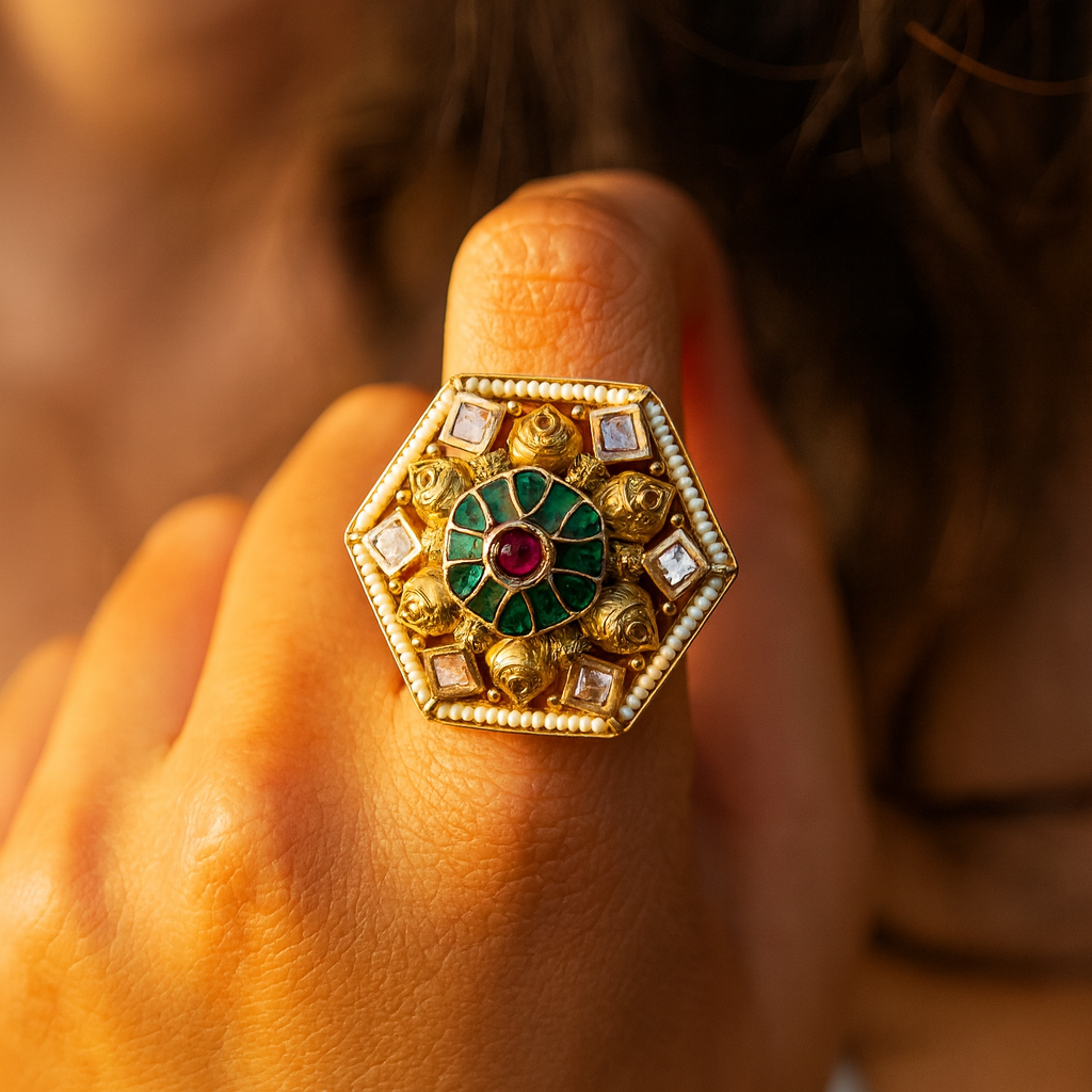 Aanura Gold-Plated Hexagon Green & Ruby Statement Ring