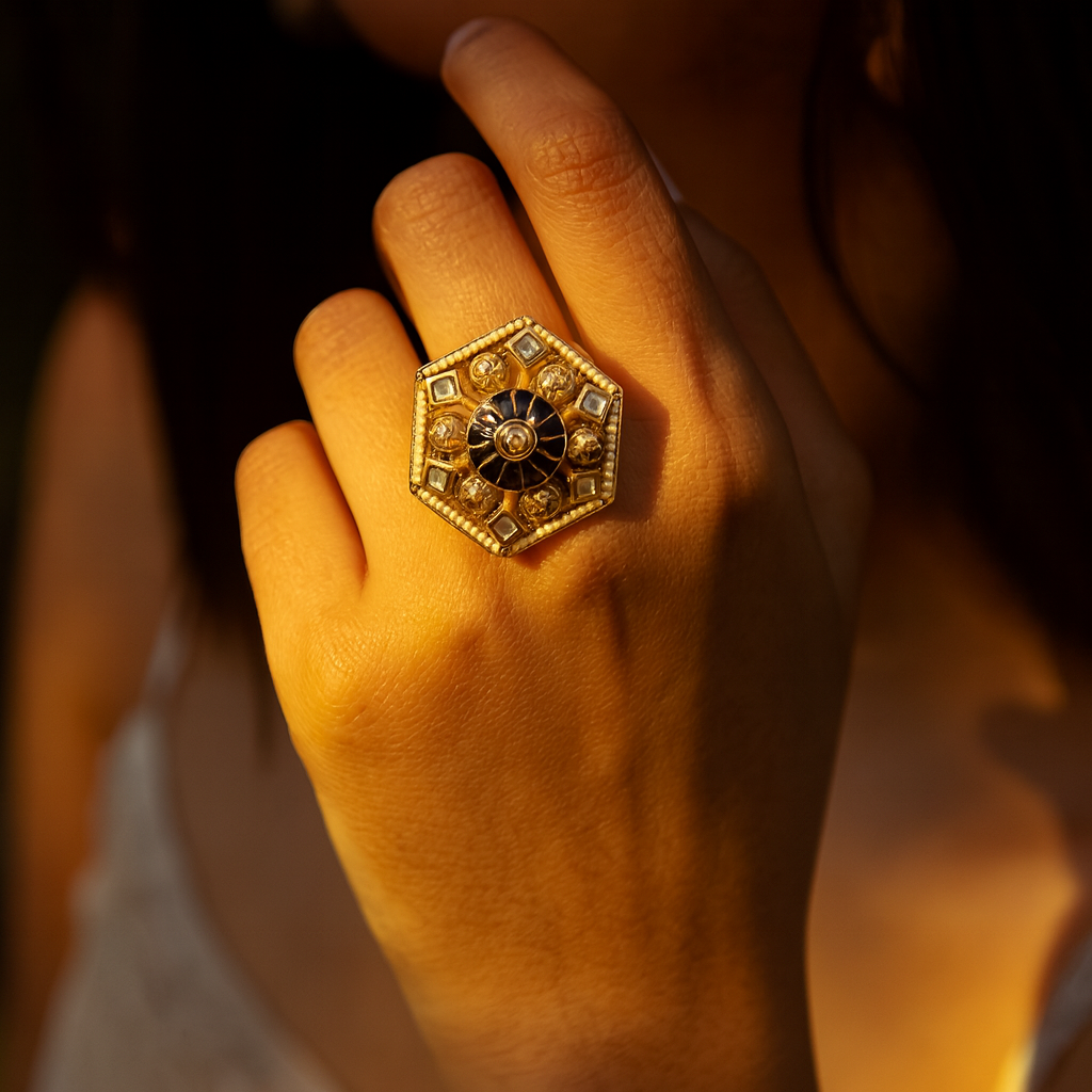 Aanura Gold-Plated Hexagon Green & Ruby Statement Ring