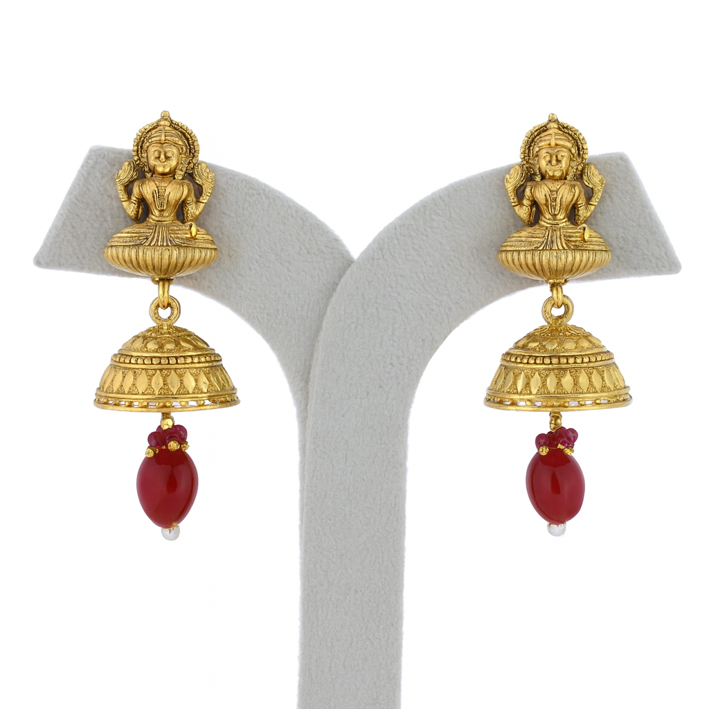 Aanura Temple Earrings with Red Stone Drop