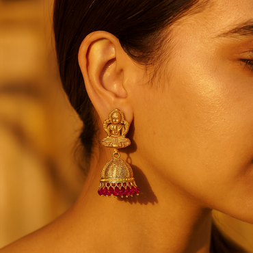 Aanura Temple Earrings with Red Stone Drop