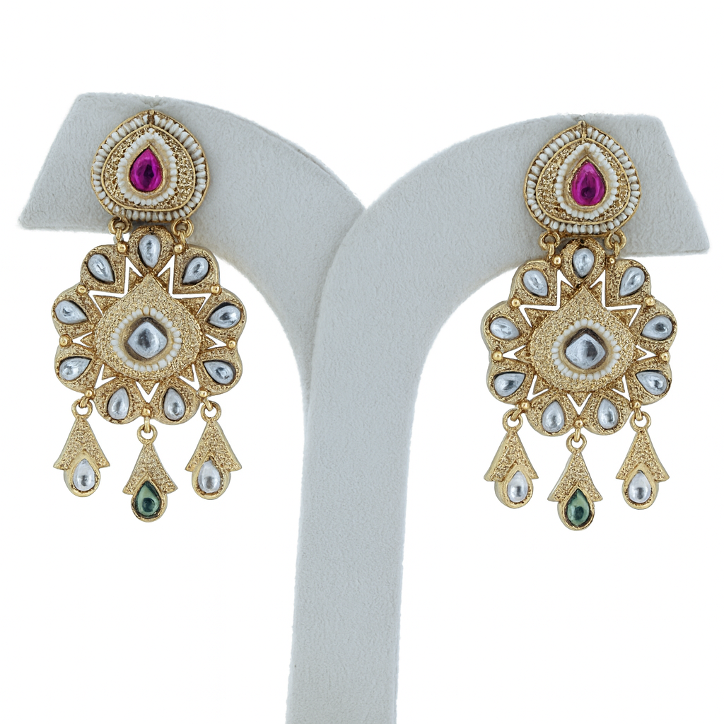 Aanura Gold Kundan Earrings with Red & Green Stones