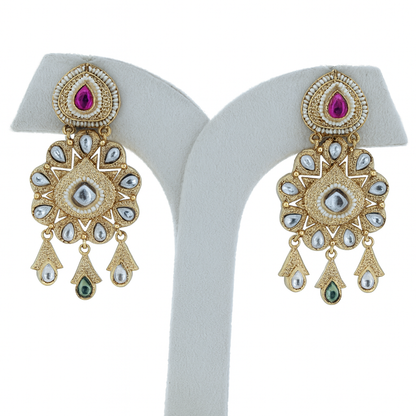 Aanura Gold Kundan Earrings with Red & Green Stones