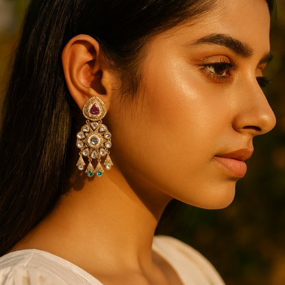 Aanura Gold Kundan Earrings with Red & Green Stones