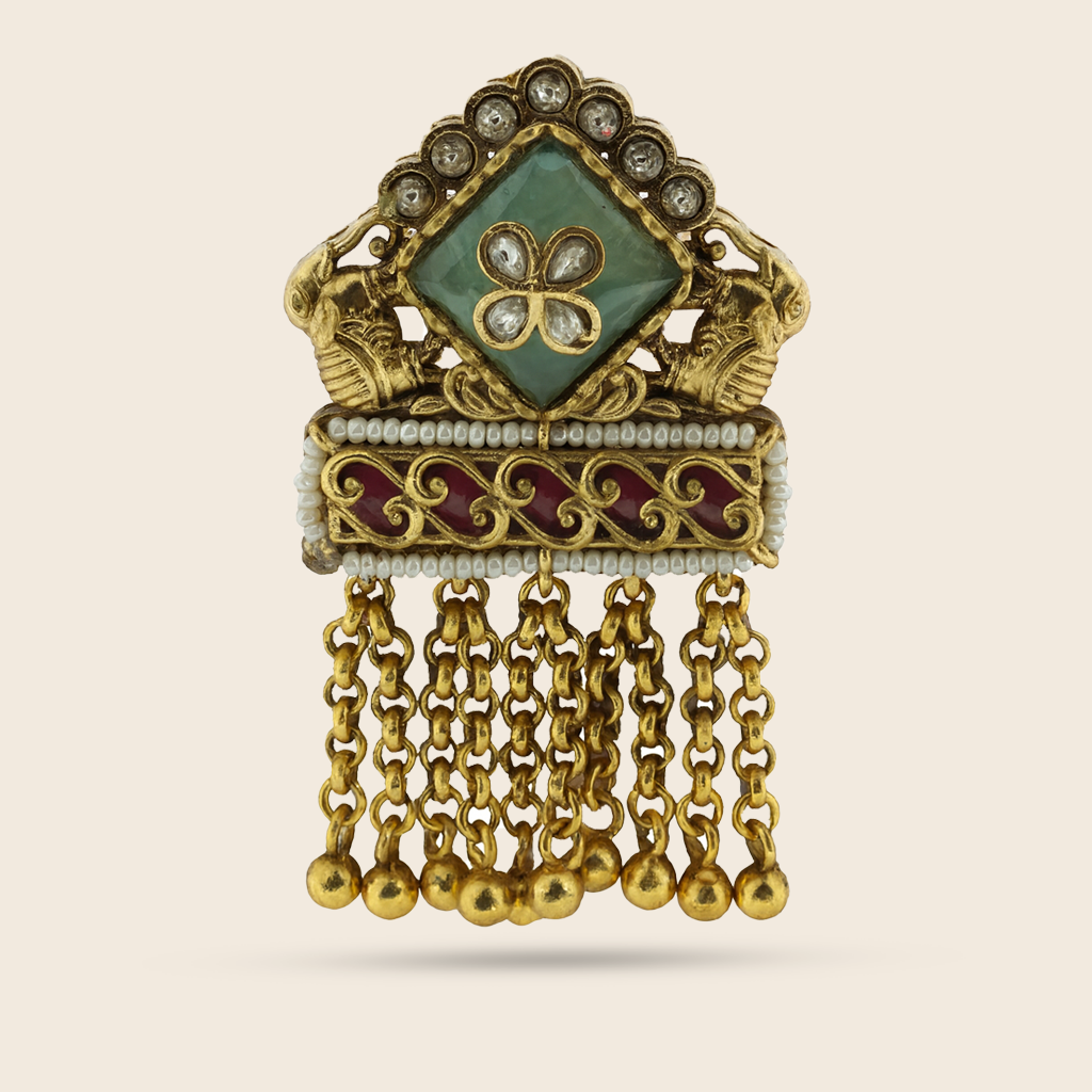 Aanura Gold-Plated Green Kundan Tassel Ring