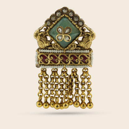 Aanura Gold-Plated Green Kundan Tassel Ring