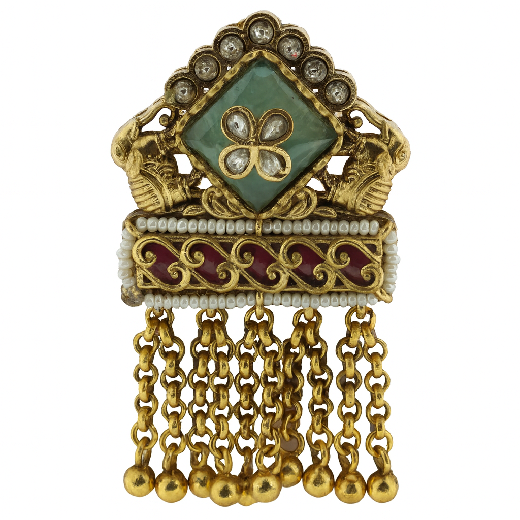 Aanura Gold-Plated Green Kundan Tassel Ring