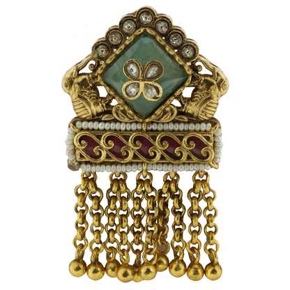 Aanura Gold-Plated Green Kundan Tassel Ring