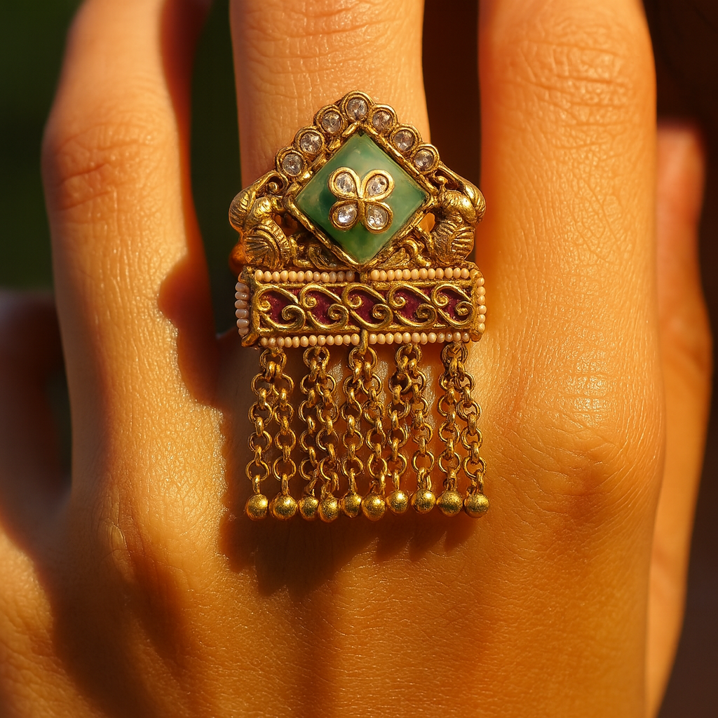 Aanura Gold-Plated Green Kundan Tassel Ring