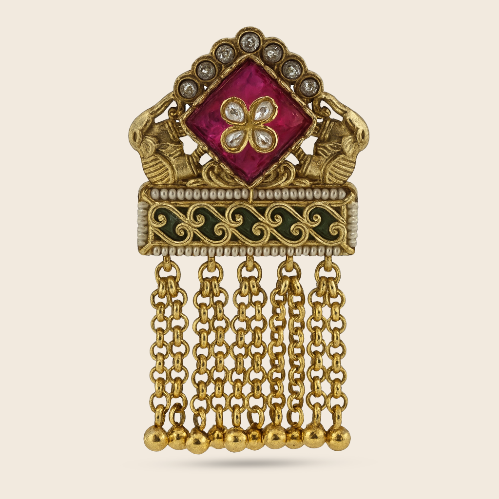Aanura Gold-Plated Green Kundan Tassel Ring