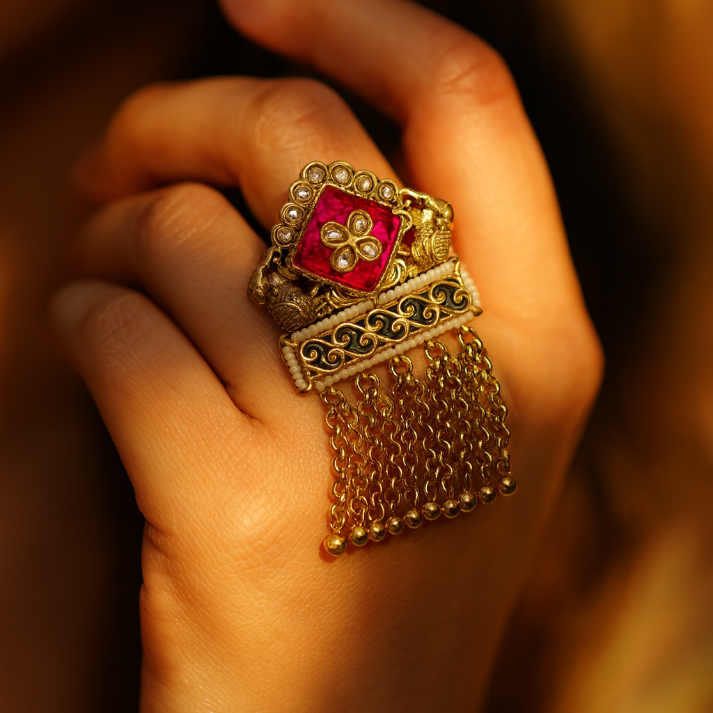 Aanura Gold-Plated Green Kundan Tassel Ring