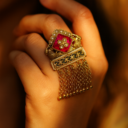 Aanura Gold-Plated Green Kundan Tassel Ring
