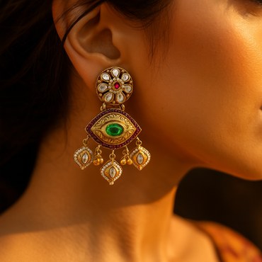 Aanura Gold-Plated Green Ruby Floral Drop Earrings