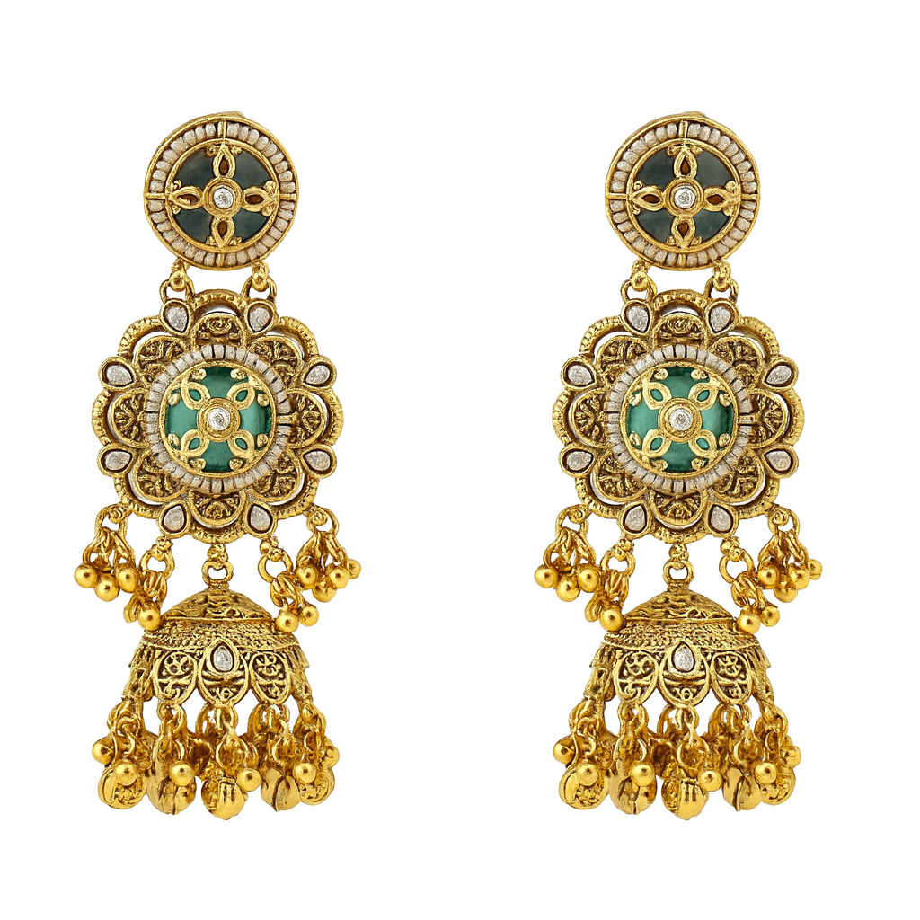 Aanura Green Enamel Antique Floral Earrings