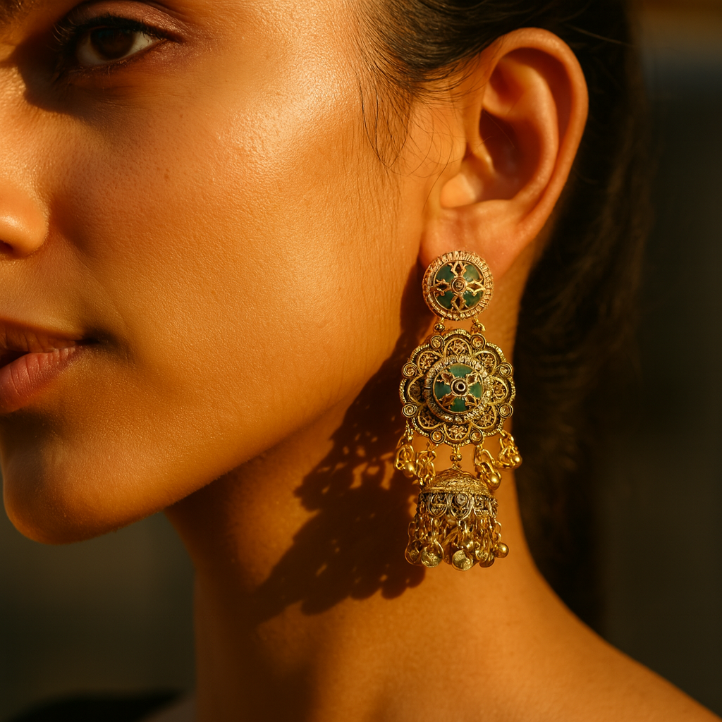 Aanura Green Enamel Antique Floral Earrings