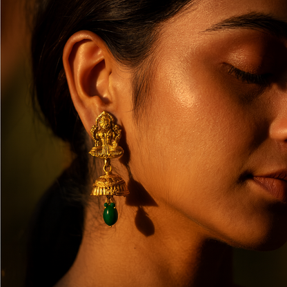 Aanura Temple Earrings with Red Stone Drop