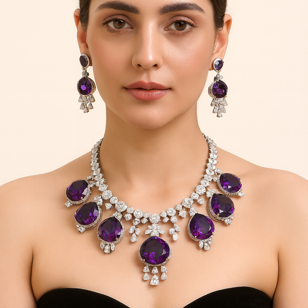 Aanura Royal Purple Crystal Drop Necklace Set Stainless