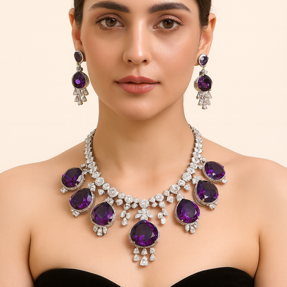 Aanura Royal Purple Crystal Drop Necklace Set Stainless