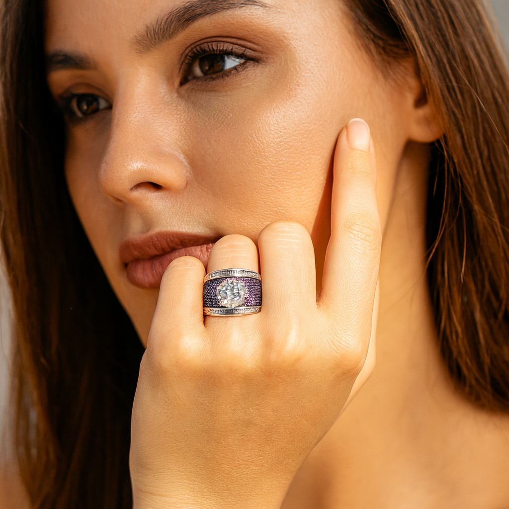 Aanura Silver Wide-Band Emerald Pavé Statement Ring