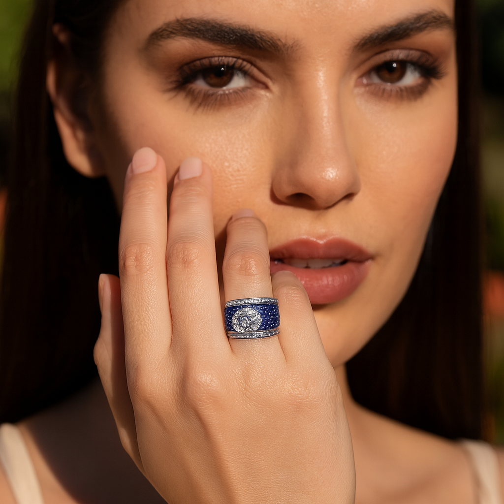 Aanura Silver Wide-Band Emerald Pavé Statement Ring