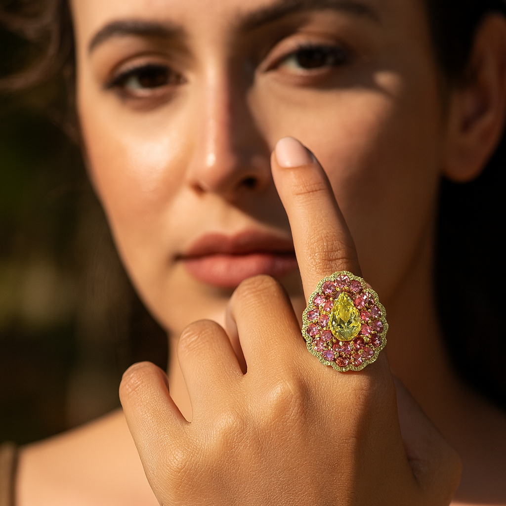 Aanura Silver Iridescent Gem & Emerald Halo Ring