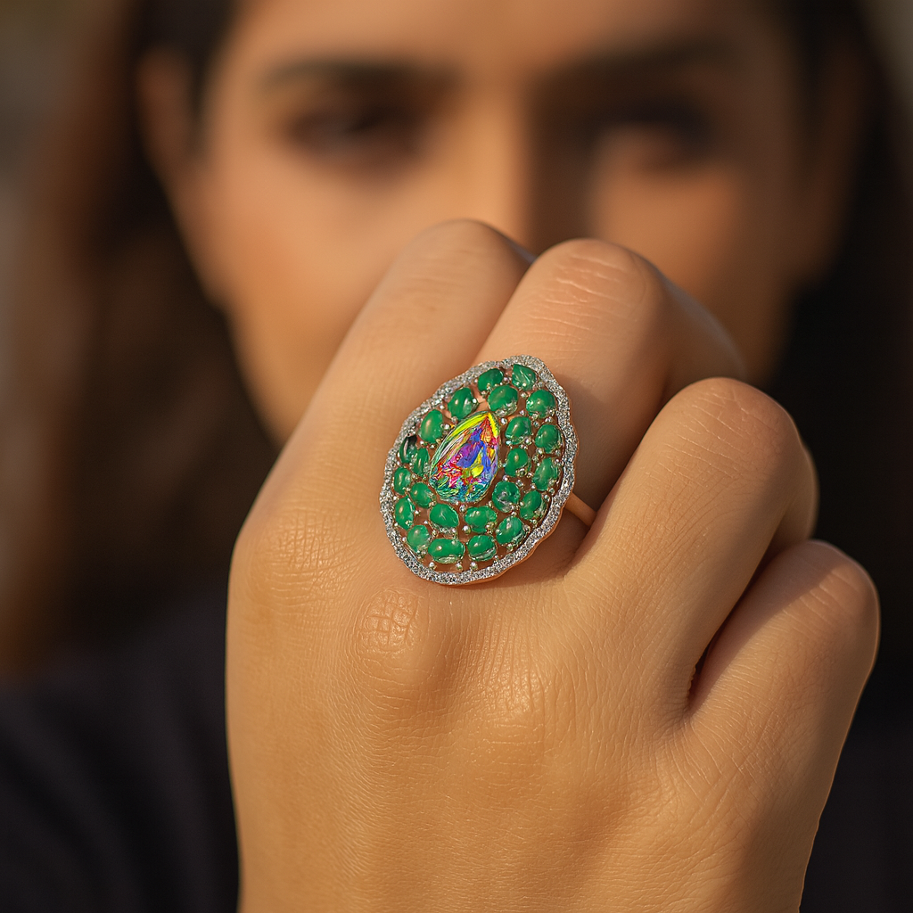 Aanura Silver Iridescent Gem & Emerald Halo Ring