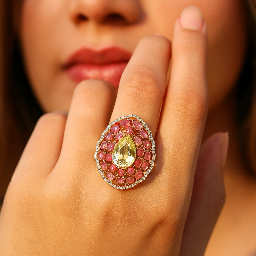 Aanura Silver Iridescent Gem & Emerald Halo Ring