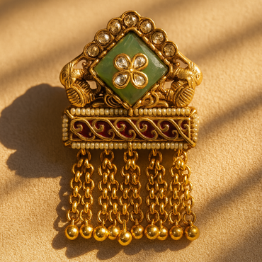 Aanura Gold-Plated Green Kundan Tassel Ring